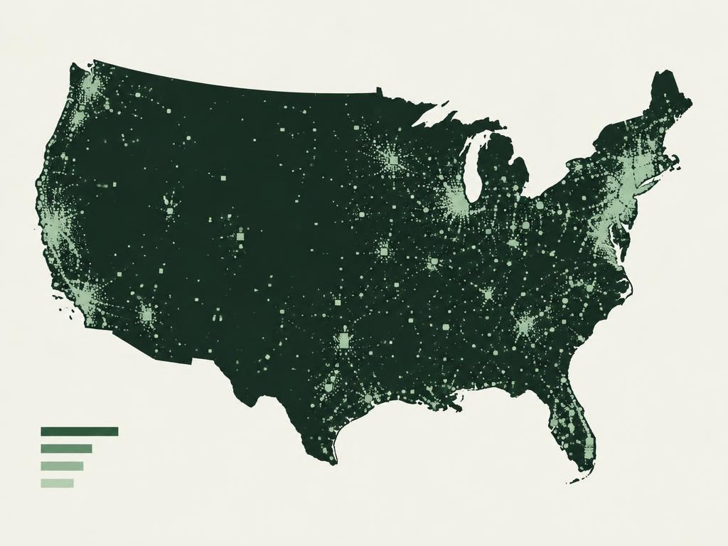 Illustrative forest-green map of the United States with sage dots showing where register sites cluster