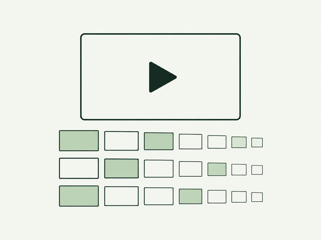 Illustrative forest-green drawing of a streaming screen with a play triangle above three rows of content tiles on cream paper