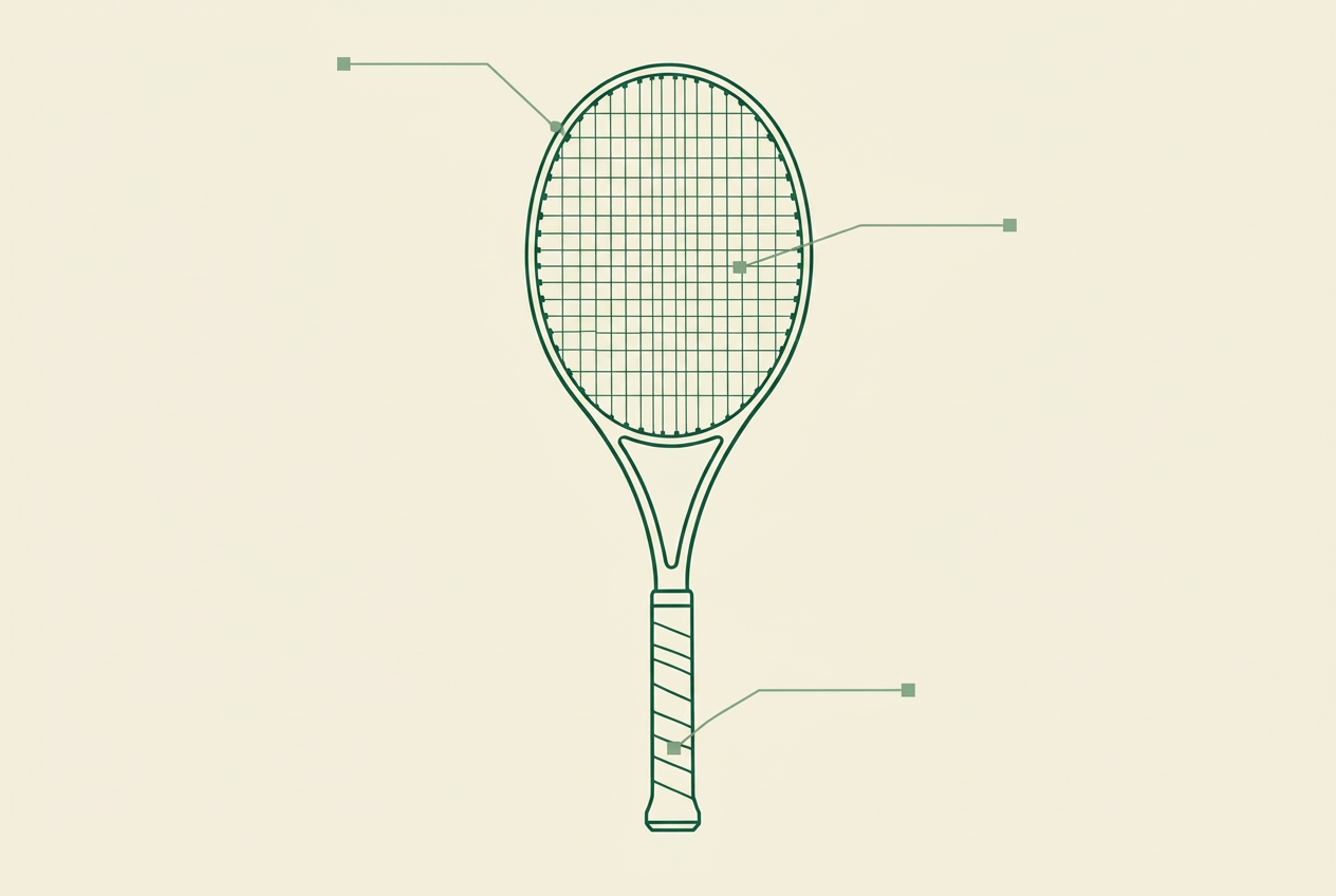 Illustrative forest-green technical diagram of a tennis racquet with specification callout lines on cream paper